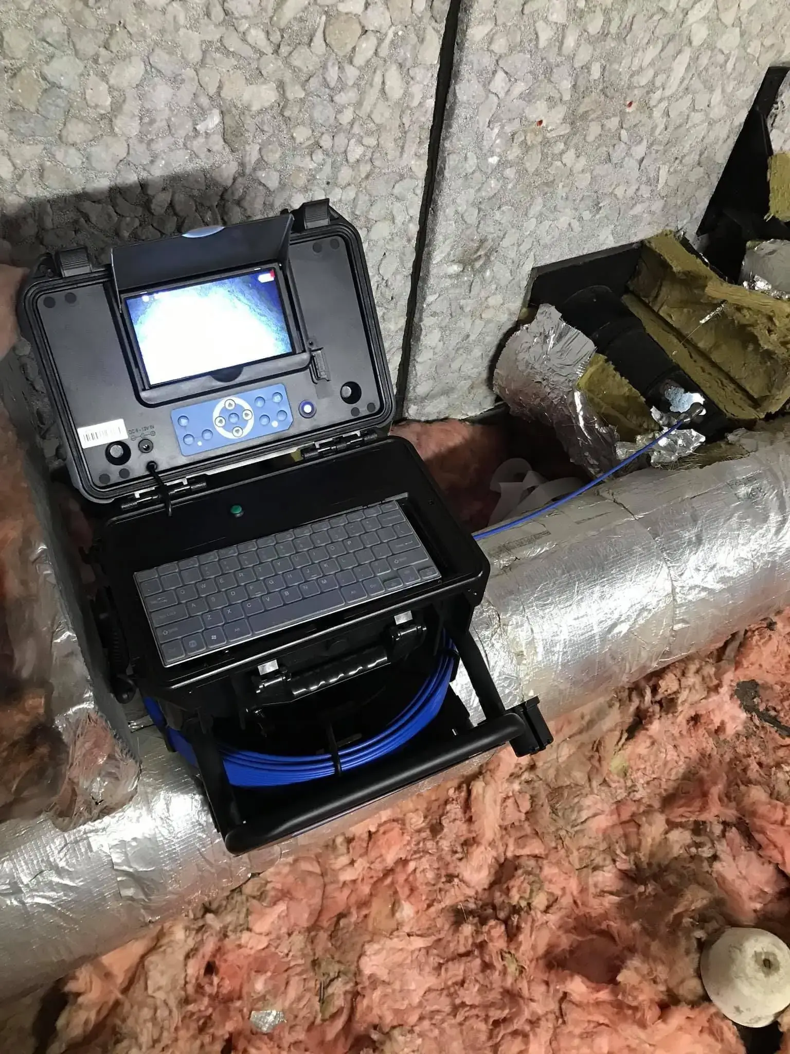 A laptop computer sitting on top of a metal pipe.